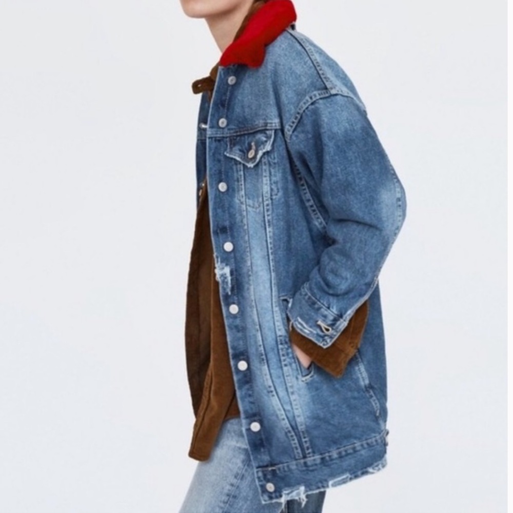 Zara | Women’s Medium Blue Denim Distessed Long Line‎ Faux Fur Lined Jean Jacket